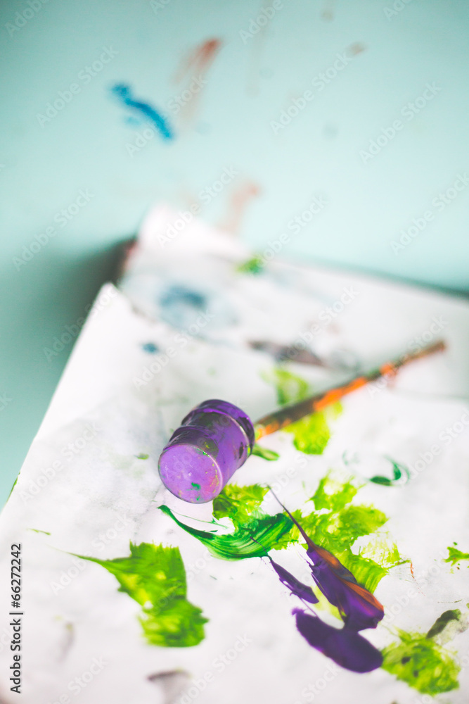 Pędzel, kolor, fiolet, zielony, farba, malowanie, tło - obrazy, fototapety, plakaty 