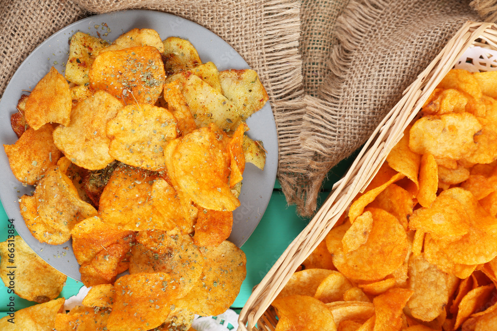 Homemade potato chips, close up