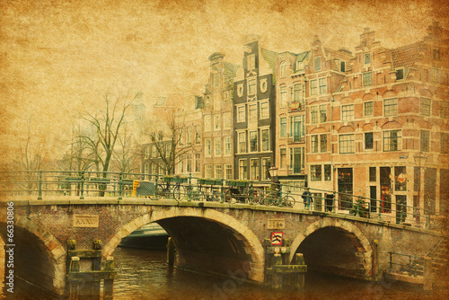 Plakat na papierze fotorealistycznym Retro obraz kanału prinsengracht, Amsterdam, Holandia.