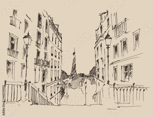 Naklejka na szybę streets in Paris, France, vintage engraved illustration