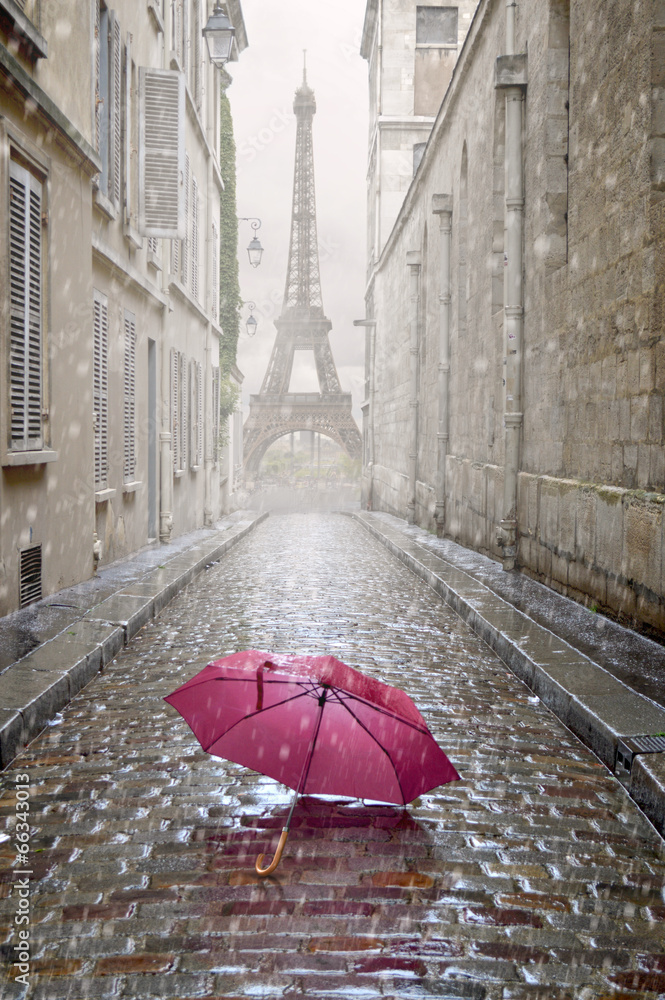 Romantic alley on a rainy day. - obrazy, fototapety, plakaty 