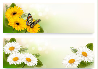 Poster - Summer banners with colorful flowers and butterfly. Vector.