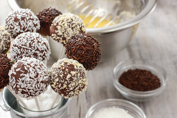 Canvas Print - Chocolate cake pops in silver bucket