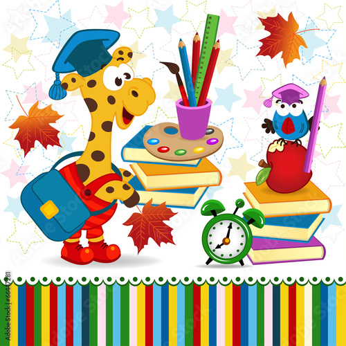 Fototapeta dla dzieci giraffe bird school supplies - vector illustration, eps