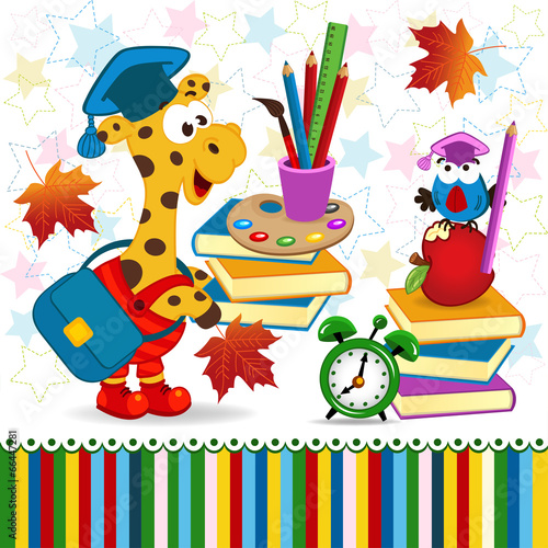 Naklejka nad blat kuchenny giraffe bird school supplies - vector illustration, eps