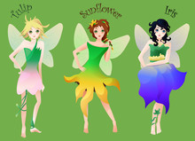 Set Of Cute Little Fairies In Flower Dresses Isolated On Green