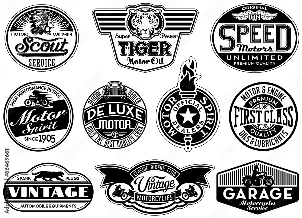 Motor company vintage labels in black and white - obrazy, fototapety, plakaty 