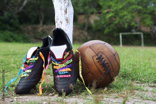 Nowoczesny obraz na płótnie Good Luck Soccer Football Boots Brazilian Wish Ribbons Pitch