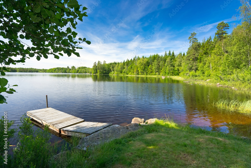 Summer Swedish lake in morning light - obrazy, fototapety, plakaty 