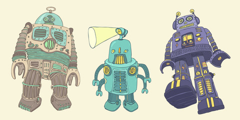 toy robot set vector illustration, hand drawn