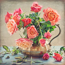 Still Life With A Fresh Roses In A Vintage Jug .