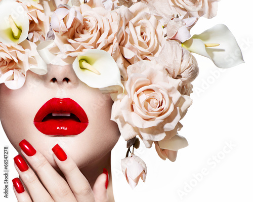 Naklejka na szybę Fashion sexy woman. Vogue style model girl face with roses