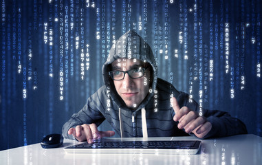 Poster - Hacker decoding information from futuristic network technology