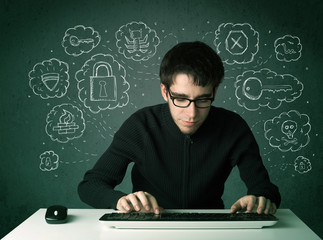 Aufkleber - Young nerd hacker with virus and hacking thoughts