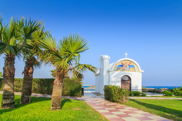 Wall Mural - White church near the beach in Aia Napa, Cyprus