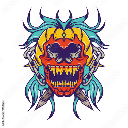 Fényképezés  Red skull with bloe hair tatoo design