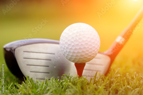 Obraz na płótnie canvas trzyczęściowy "tryptyk" Kij golfowy i piłka w trawie