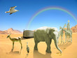 Arc of Noah in desert with rainbow