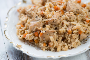 Wall Mural - Close-up of chicken pilaf on a glass plate, studio shot