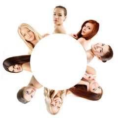 Leinwandbilder - Group of beautiful girls, faces closeup over white