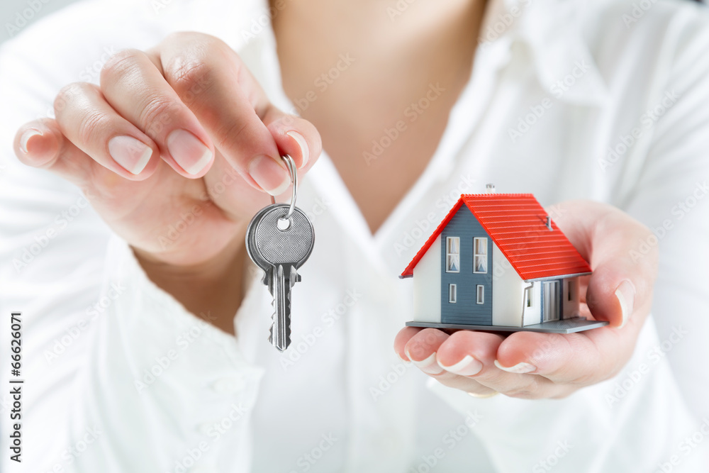 real estate agent handing over keys to home - obrazy, fototapety, plakaty 