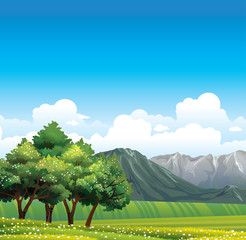 Poster - Green meadow amd flowering trees.