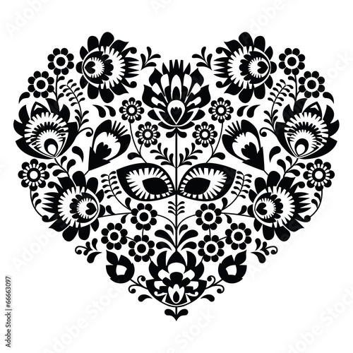Fototapeta na wymiar Polish folk art heart pattern in black - wzory lowickie