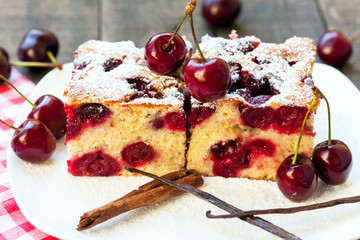 Homemade cherry cake with vanilla and icing sugar