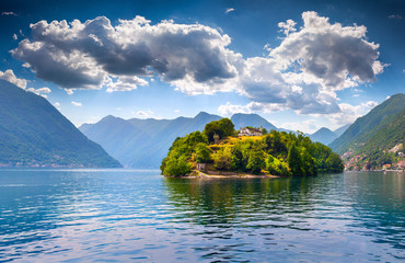 Wall Mural - View of the island Comacina on Lake Como. Alps, Italy.