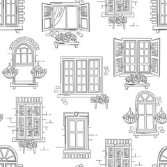 Seamless pattern of retro windows on white background.