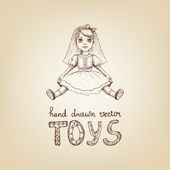 Hand-drawn illustration of a vintage toy doll