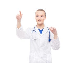 Wall Mural - Professional doctor woman pushing an imaginary button