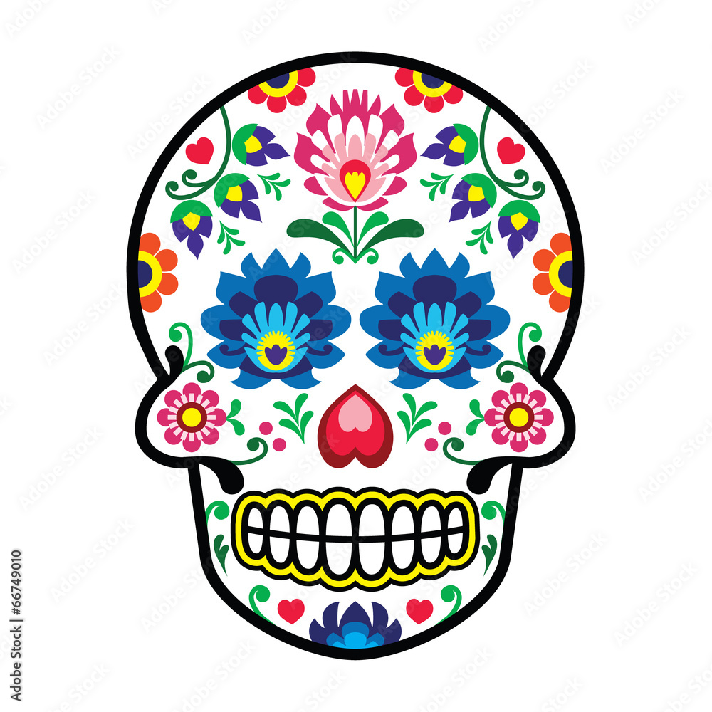 Mexican sugar skull - Polish folk art style - Wzory Lowickie - obrazy, fototapety, plakaty 