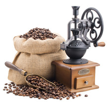 Sack Of Coffee Beans With Retro Grinder Isolated On White