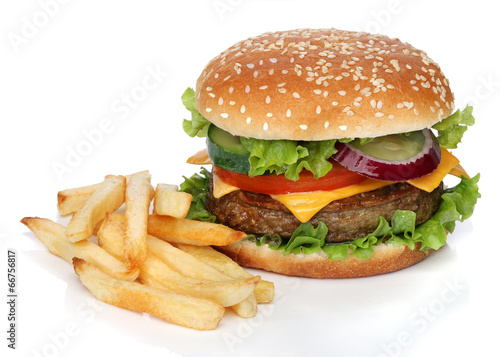 Naklejka samoprzylepna Smaczny hamburger i frytki na białym