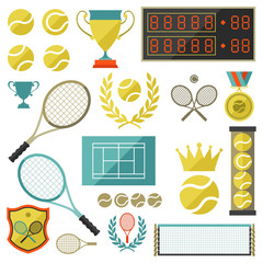 Tennis icon set in flat design style.