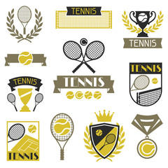 Tennis banners, ribbons and badges with icons.