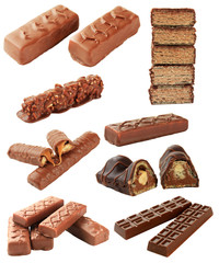 Wall Mural - Collage of chocolate bars isolated on white