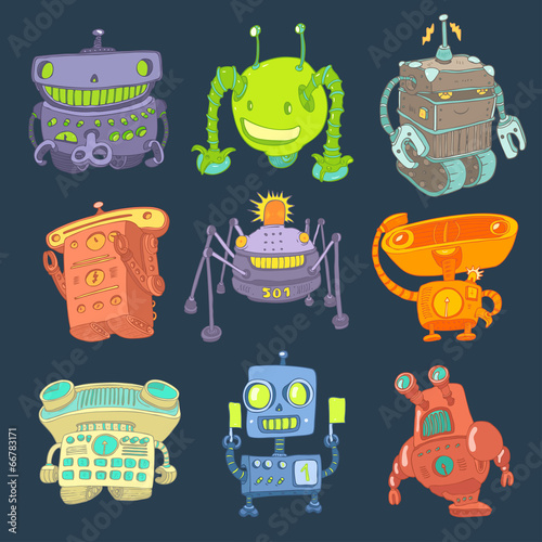 Board z aluminiowym obramowaniem Wektor zestaw robotów, ilustracji wektorowych zabawka robota, rysunek