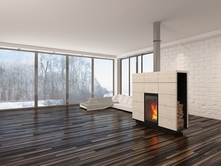 Wall Mural - Empty living room interior with a fire and parquet