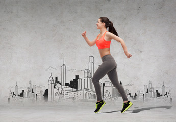 Sticker - sporty woman running in front of the city drawing