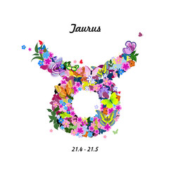 pattern with butterflies, cute zodiac sign - taurus