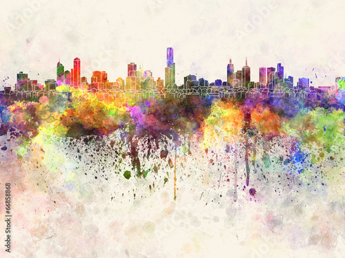 Melbourne skyline in watercolor background Canvas Print