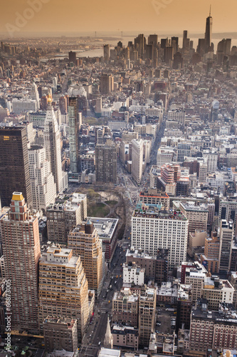 Fototapeta na wymiar Aerial view of Manhattan skyline at sunset, New York City