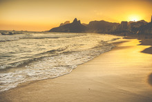Warm Sunset On Ipanema Beach With People, Rio De Janeiro, Brazil