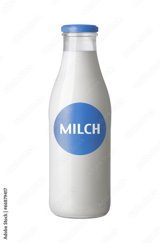 Milch Flasche mit Etikett isoliert auf weißem Hintergrund Stock-foto