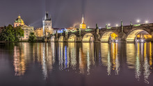 Charles Bridge In Prague At Night, Czech Republic. Hdr Image.