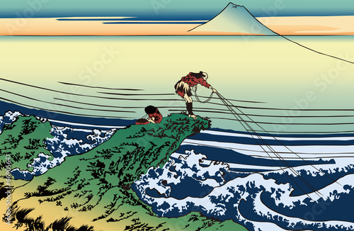 Naklejka samoprzylepna Ilustracja Katsushika Hokusai Futako 36 scenerii Koshu Ishizawa sawa