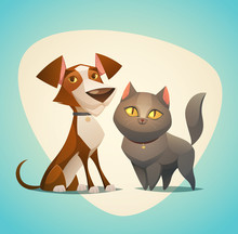 Cat And Dog Characters. Cartoon Styled Vector Illustration.