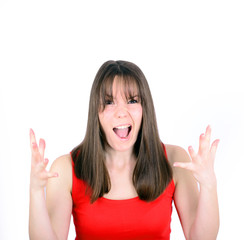 Young woman screaming with funny face isolated on white backgrou